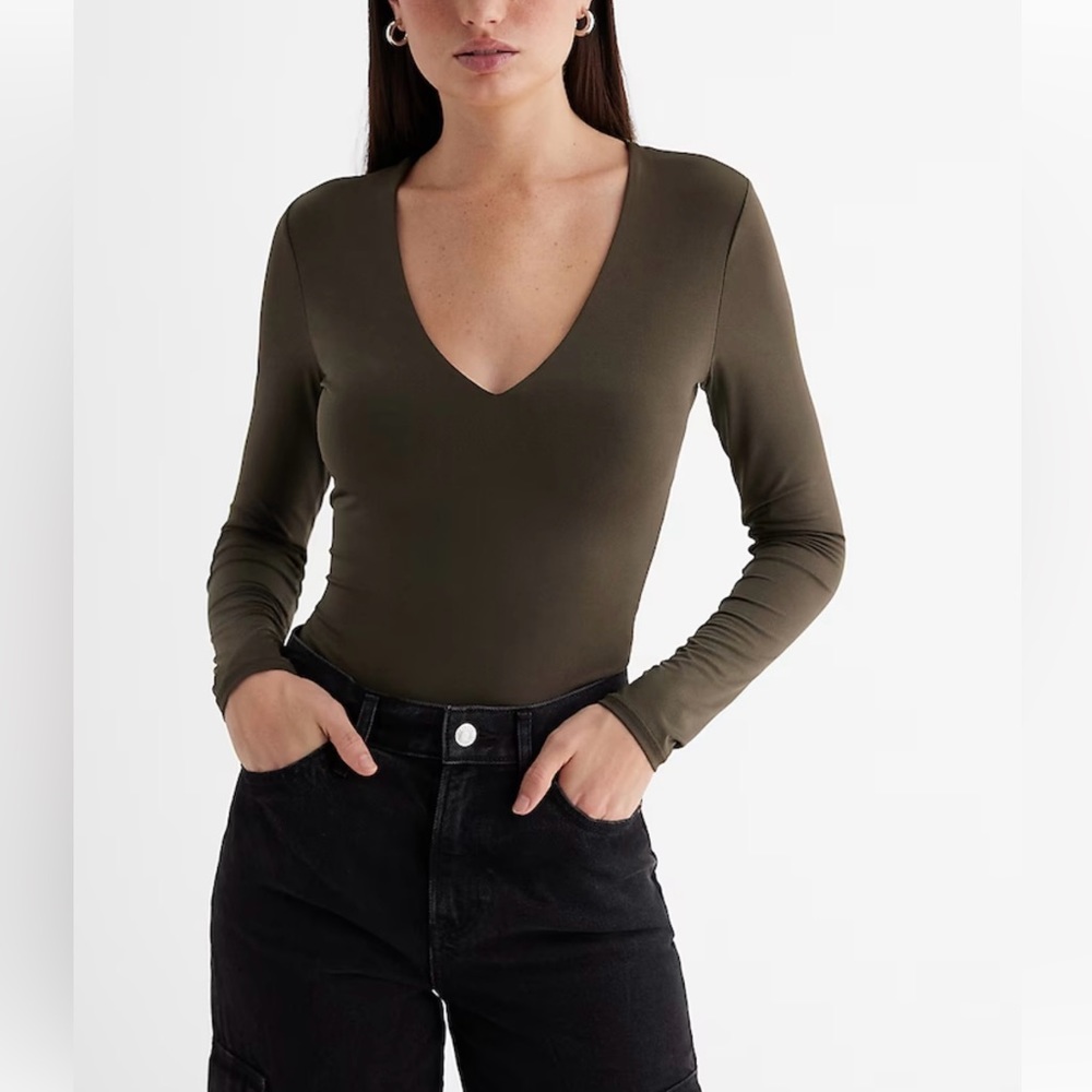 Body Contour Compression V-Neck Long Sleeve Bodysuit olive color
